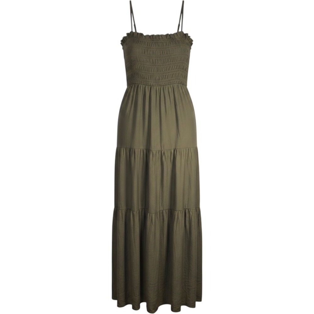 st. mrlo Lennie Maxi Dress Olive Smocked Tiered Adjustable Strap NWT US 6 EU38